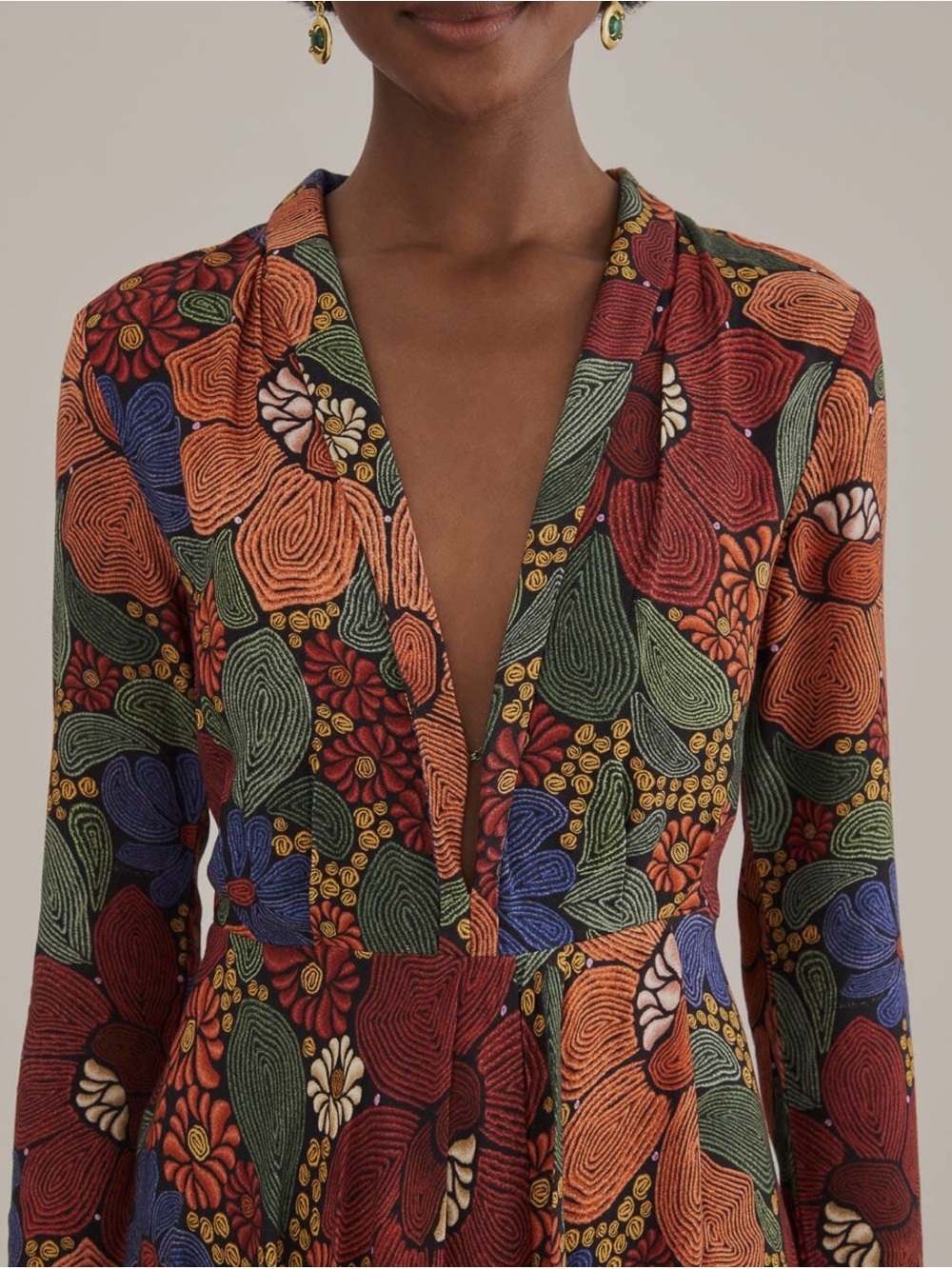 Farm Rio Stitched Flowers V Neck Midi Dress Floral Mutlicolor Medium - Picture 3 of 11